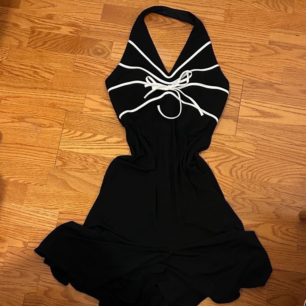 90s Cachet Black Halter Dress with White Detail